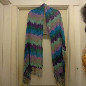 METALLIC BLUES CHEVRON FRINGE LONG PRETTY GIRL SCARF